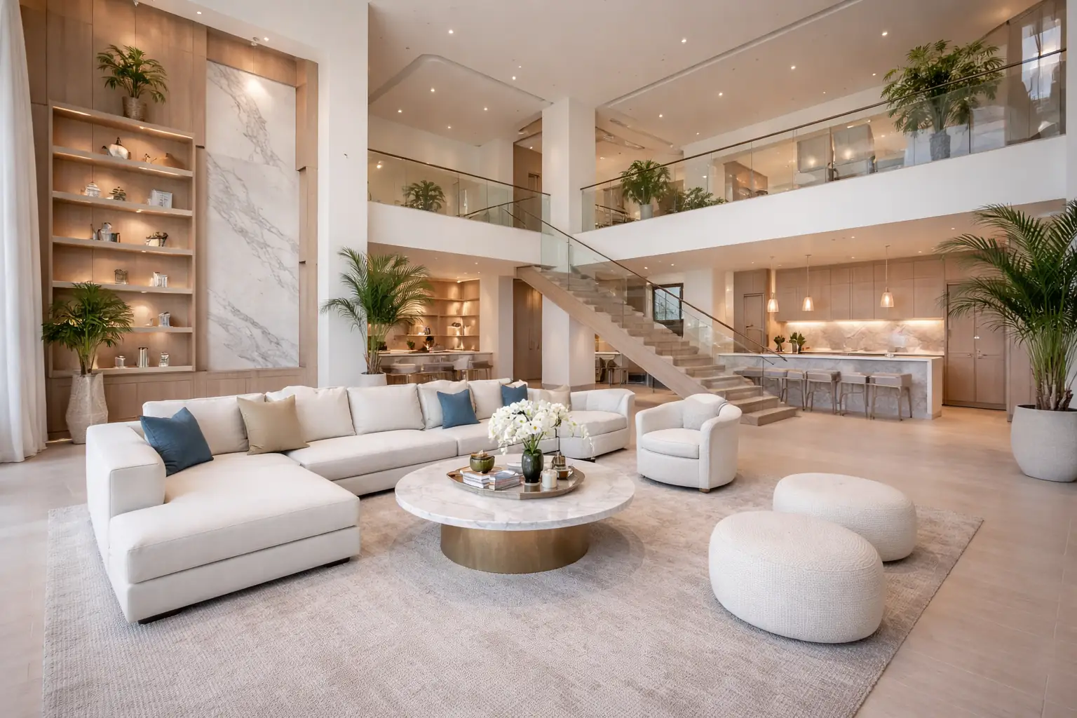 Grand double-height luxury estate with marble details and open staircase
