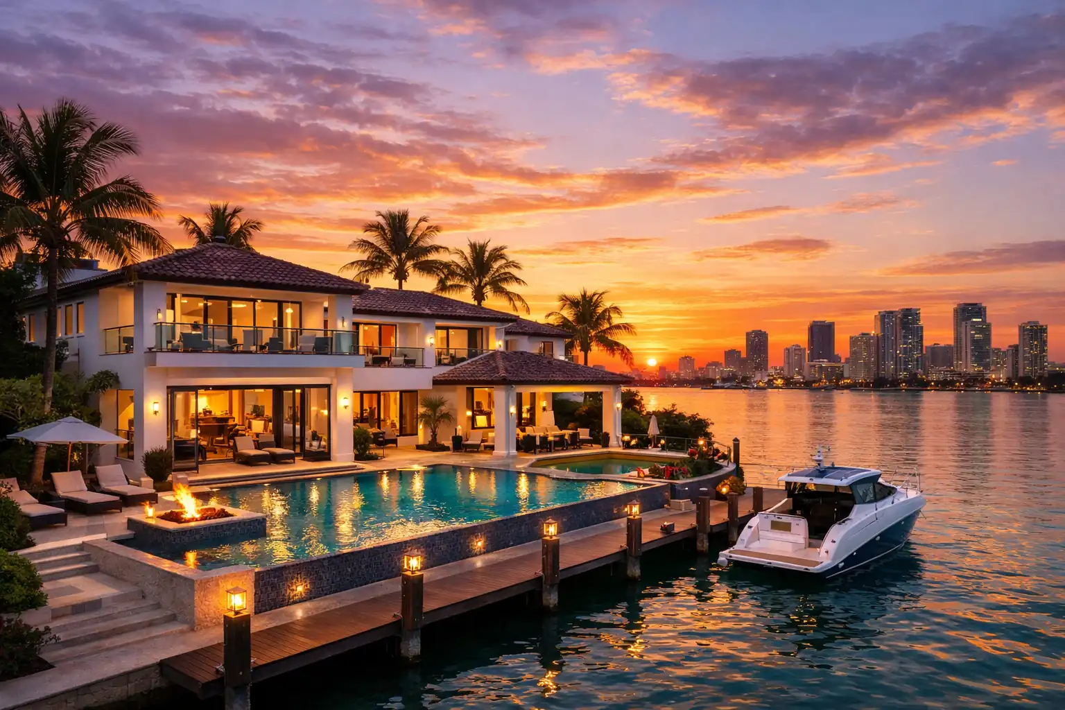 Waterfront villa at sunset with infinity pool, dock and private yacht
