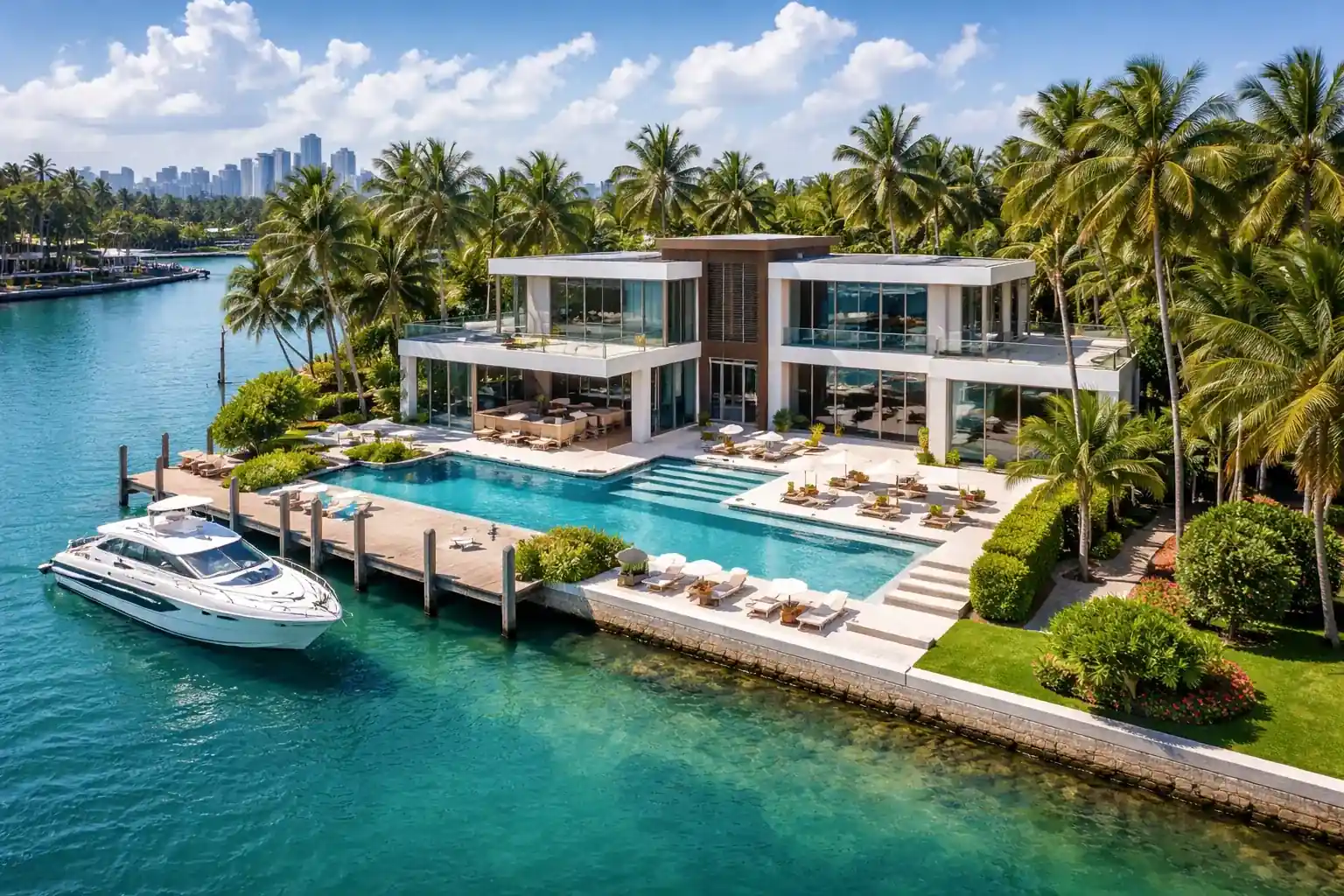 Luxury penthouse terrace with fire pit overlooking South Florida coastal city skyline at twilight — penthouse condos for sale Miami